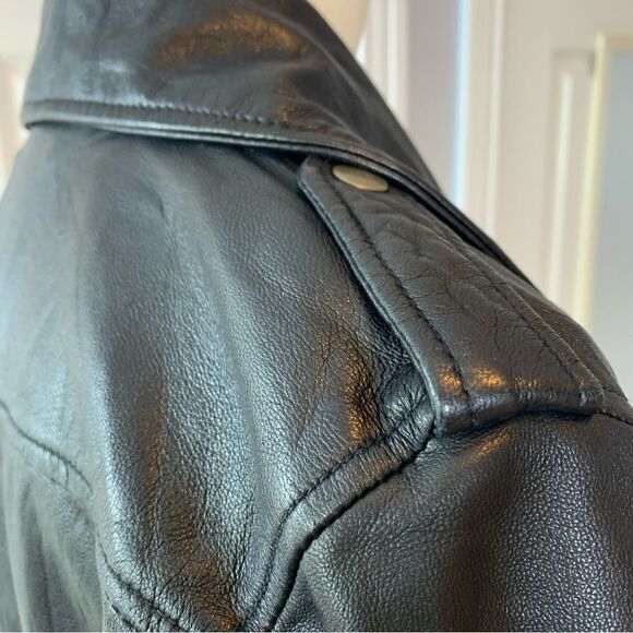 Mike & Chris Black Leather Jacket 3/4 Sleeve Wide Lapel Cropped Moto Size S - Picture 8 of 15